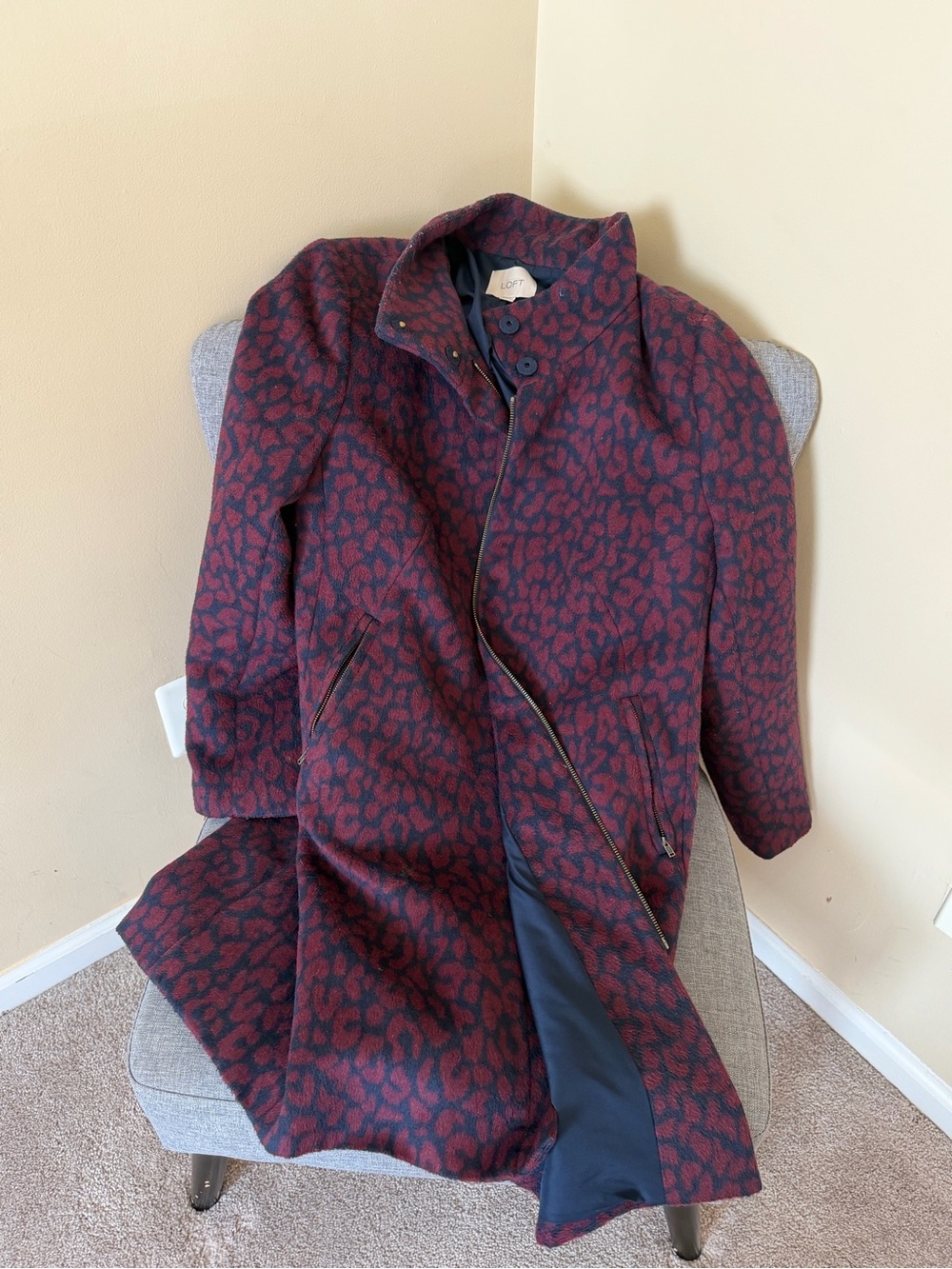 LOFT Burgundy and Navy Patterned Trench Coat
